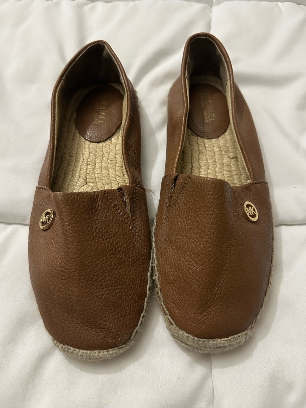 Michael Kors Tan Leather Espadrille Slip-Ons with Gold Logo